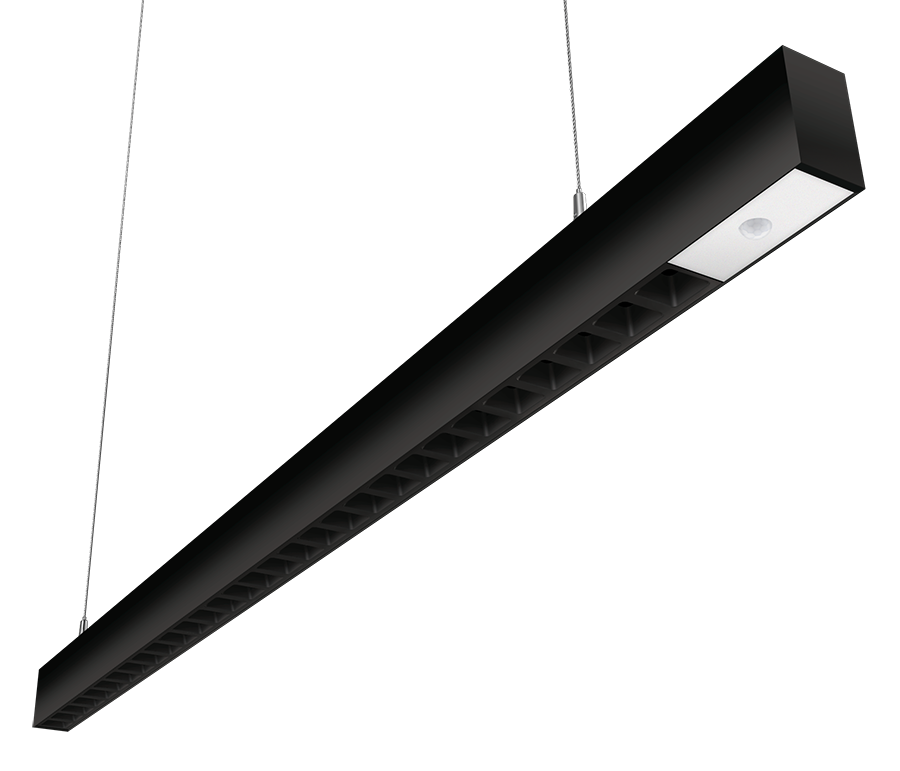 RAB Lighting BOA 4' Pendant Downlight, 40/28/24/20/10W, CCT Selectable, Louver Lens, PIR, Black, BOA4PLB/PIR