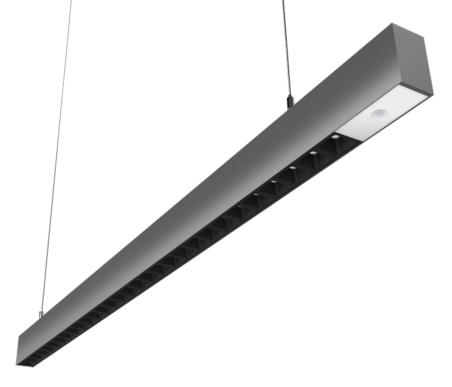 RAB Lighting BOA 4' Pendant Downlight, 40/28/24/20/10W, CCT Selectable, Louver Lens, PIR, Battery Backup, Silver, BOA4PLS/PIR/E