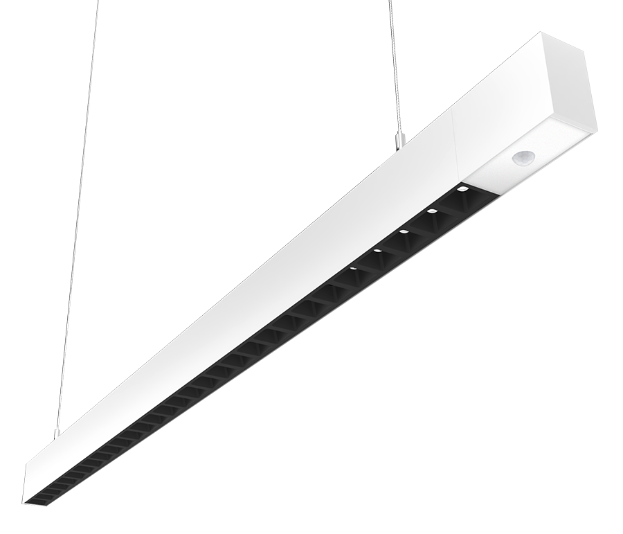 RAB Lighting BOA 4' Downlight Pendant, 40/28/24/20/10W, CCT Selectable, PIR, Field-Adjustable, Louver Lens, Battery Backup, White, BOA4PLW/PIR/E