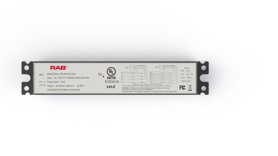 RAB Lighting Dimmable LED Driver for T8 Tubes, 0-10V, Class 2, 4-Lamp, DRI-24T8-4L-DIM