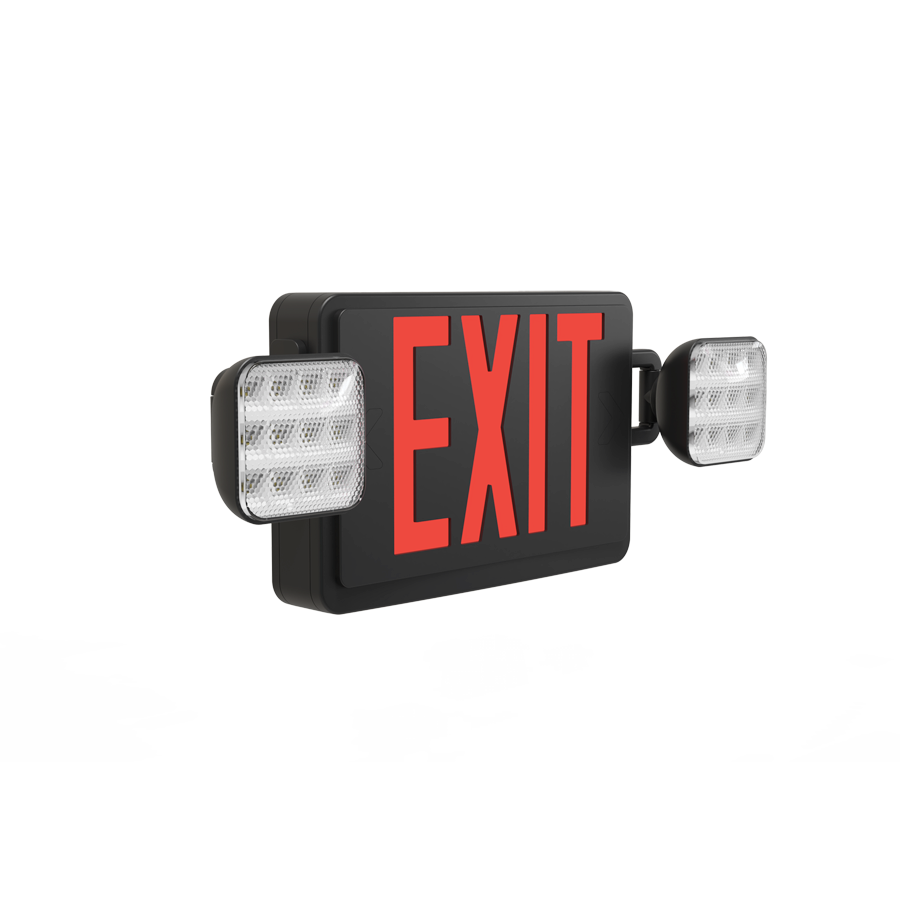 RAB Lighting ECOMBO Combo Exit/Emergency, Universal Faces, 2 Heads, Red Letters, Black Housing, Remote Capacity, ECOMBO-R-B