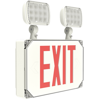 RAB Lighting ECOMBOOUT Outdoor Combo Exit Sign, 2 Heads, Red Letter, White Housing