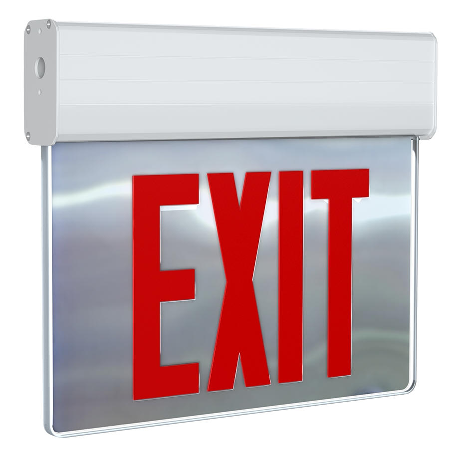 RAB Lighting EXITEDGE NY Exit Sign, 2-Face, Emergency Battery, Red Letters, Mirror Panel, White Housing, Self-Test, EXITEDGE-MPWSNY/E