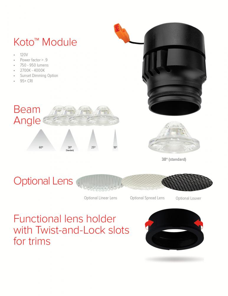 Elco Lighting Koto Focus LED Module, 10.5W, 2700K, CRI95+, Adjustable 18°-50°, ELK0930