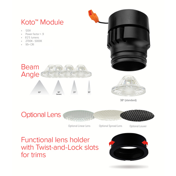 Elco Lighting Koto LED Module, 10.5W, CCT Selectable, CRI90+, Triac/ELV, 38° Beam, ELK10CT5