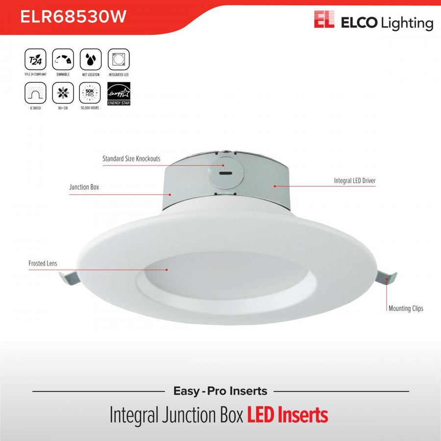 Elco Lighting Easy-Pro 6 In. LED Insert with Junction Box, 23W, 3000K, CRI90+, White, ELR68530W