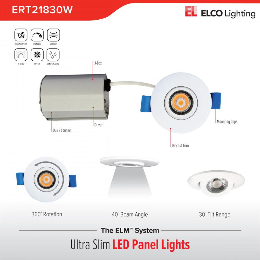 Elco Lighting 2" Ultra Slim LED Gimbal, 5W, CCT Selectable, CRI90, Triac/ELV, White, ERT218CT5W