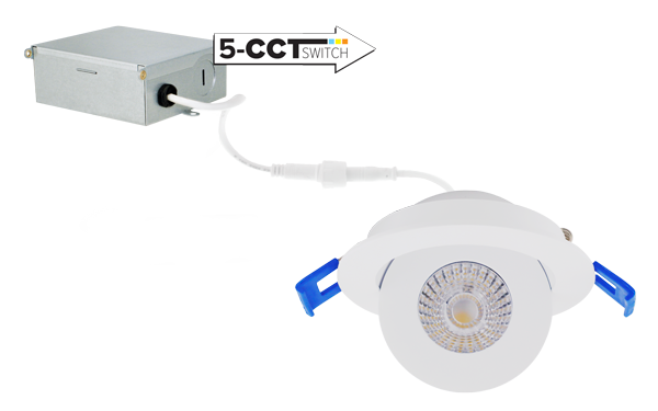 Elco Lighting 3" LED Adjustable Eyeball Downlight, 8W, CCT Selectable, CRI90, Triac/ELV, 34° Beam, White, ERT317CT5W