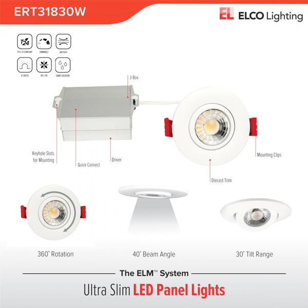 Elco Lighting 3" LED Ultra Slim Gimbal, 8W, CCT Selectable, CRI90, Triac/ELV, White, ERT318CT5W