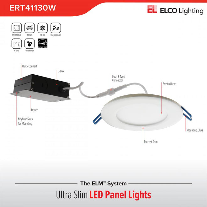 Elco Lighting 4" LED PANEL LGT 9W 500LMN CRI90 DIM 3K  -  ERT41130BZ