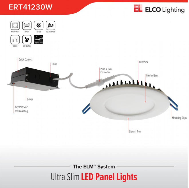Elco Lighting 4" LED PANEL LGT 12W 750LMN DIM CRI90 3K  -  ERT41230W