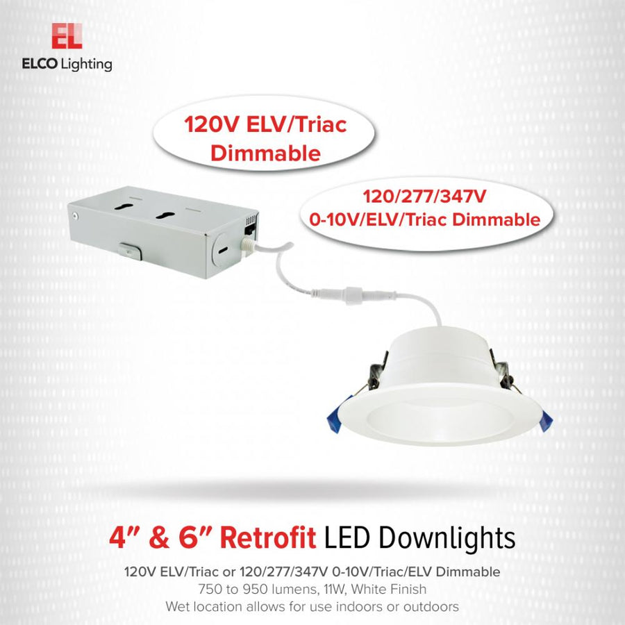 Elco Lighting 4" LED Retrofit Recessed Downlight, 11W, CCT Selectable, CRI90, Triac/ELV, 80° Beam, White, ERT415CT5W