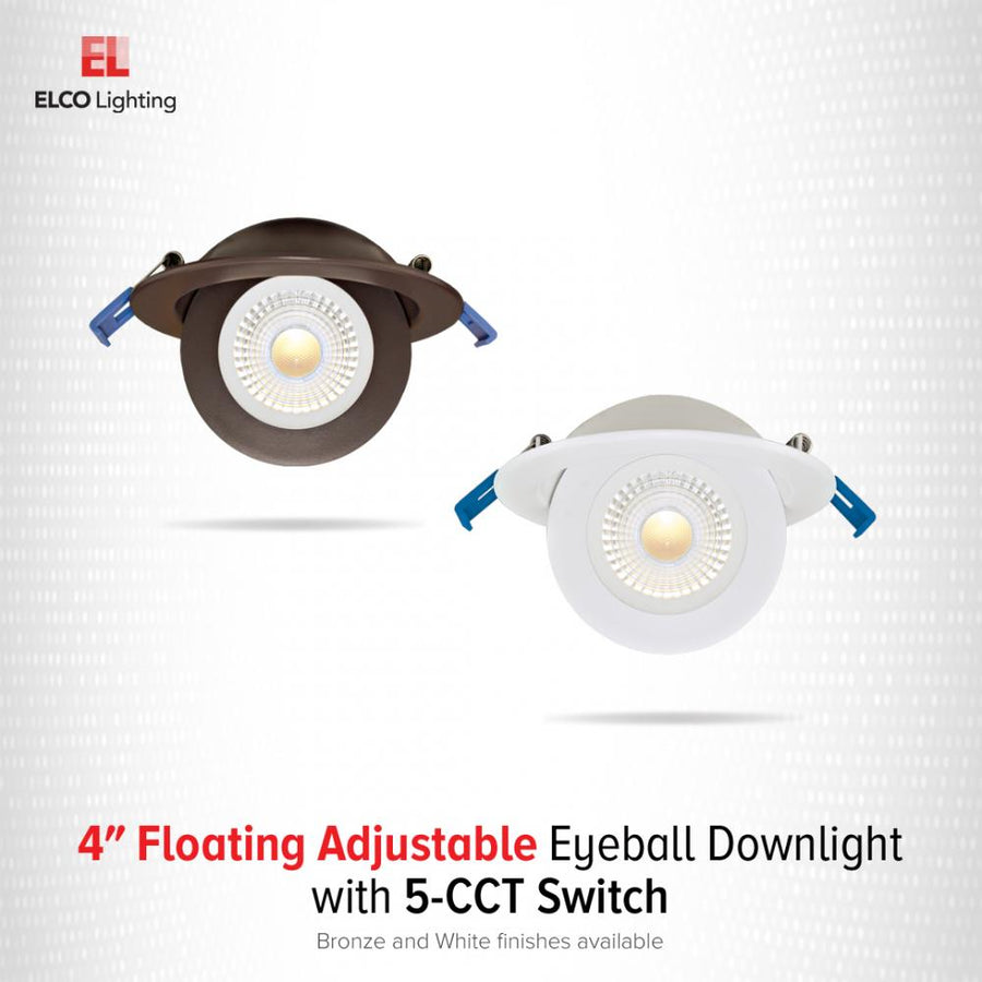 Elco Lighting 4" LED Adjustable Eyeball Downlight, 9W, CCT Selectable, CRI90, Triac/ELV, 28° Beam, Bronze, ERT416CT5BZ