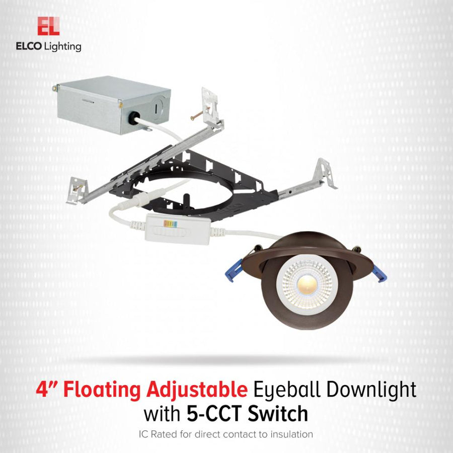 Elco Lighting 4" LED Adjustable Eyeball Downlight, 9W, CCT Selectable, CRI90, Triac/ELV, 28° Beam, Bronze, ERT416CT5BZ