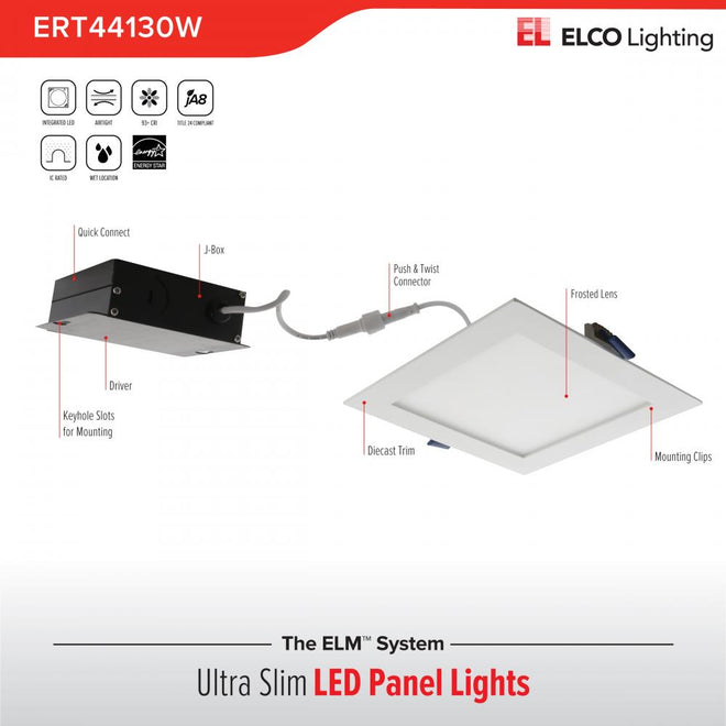 Elco Lighting 4" SQR LED PANEL LGT 9W 500LMN DIM 4K  -  ERT44140N