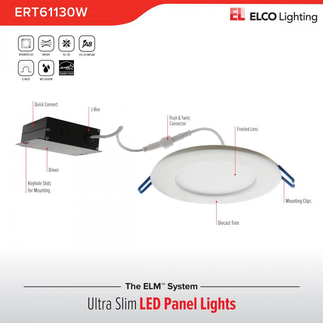 Elco Lighting 6" LED PANEL LGT 12W 700LMN DIM CRI90 3K  -  ERT61130BZ