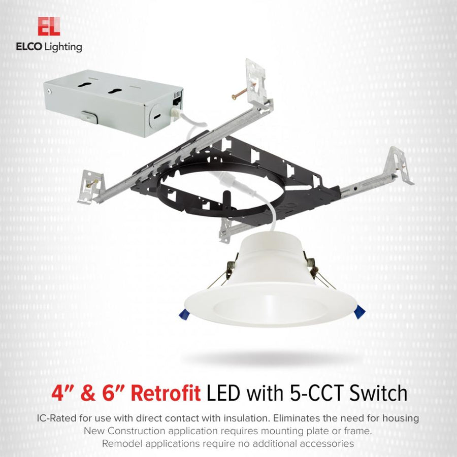 Elco Lighting 6" Deep LED Recessed Downlight, 12W, CCT Selectable, Triac/ELV Dimming, CRI90+, White, ERT695CT5DXW