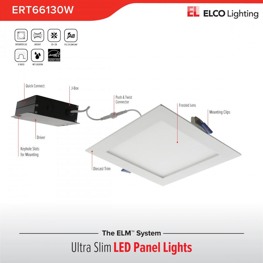 Elco Lighting 6" Ultra Slim Square Panel Light, 12W, 3000K, CRI90, Triac/ELV, White, ERT66130W