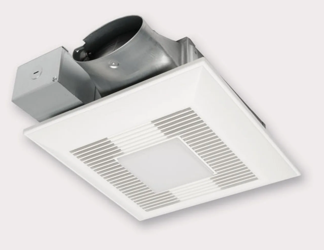 Panasonic FV-0510VSL1 Fan/LED light with ECM Motor and Pick-A-Flow 50, 80 or 100 CFM, ceiling or wall mount, 3-3/8" housing depth
(LED chip panel incorporates night light).