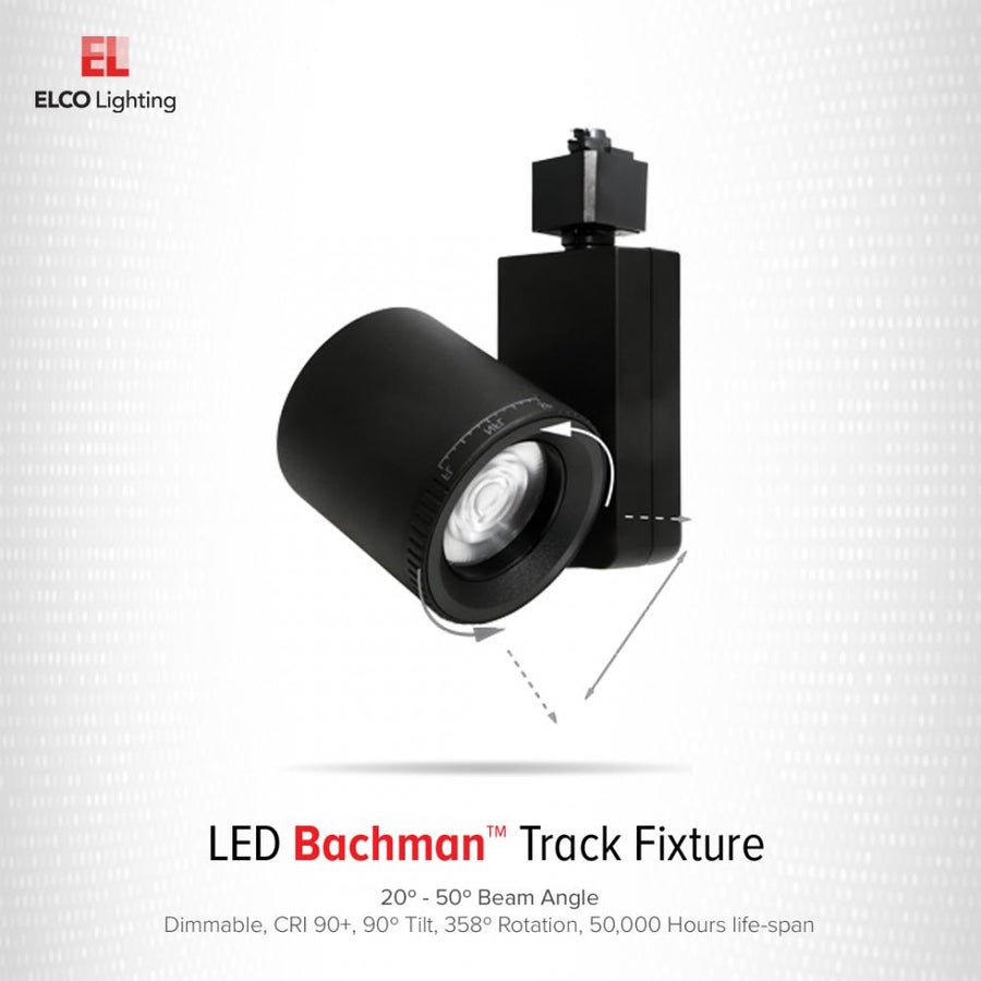 Elco Lighting Bachman LED Track Fixture, 20W, 3000K, TRIAC/ELV, Adjustable Beam 20–50°, Black with White Trim, ET75830DB