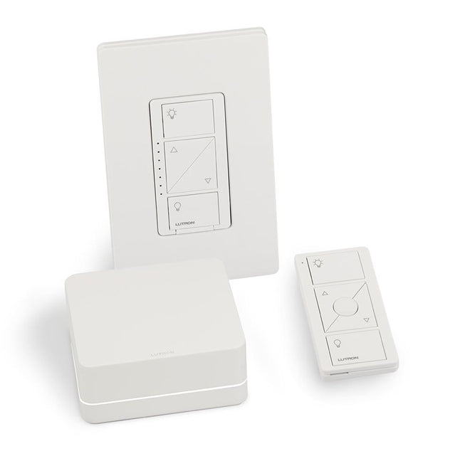 Lutron Caseta P-BDG-PKG1W Starter Kit with Smart Bridge, In-wall Dimmer (1), Claro Wallplate (1), Pico Remote (1)