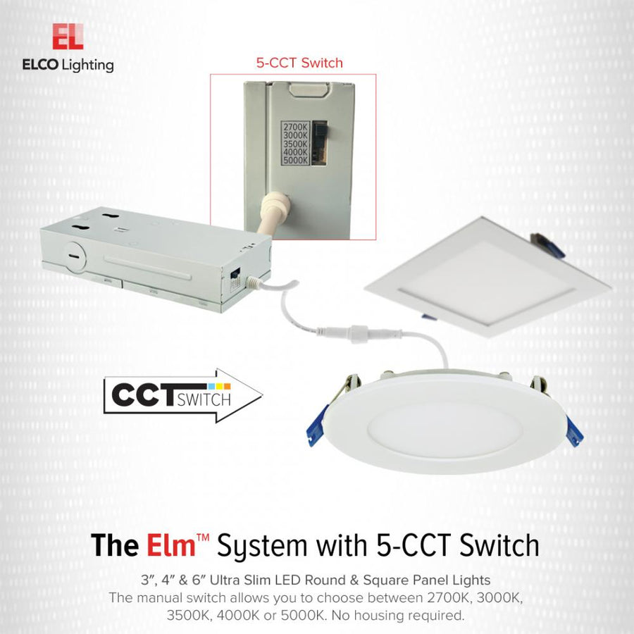 Elco Lighting 6" Square LED Panel Light, 12W, CCT Selectable, Triac/ELV Dimming, White, ERT661CT5W