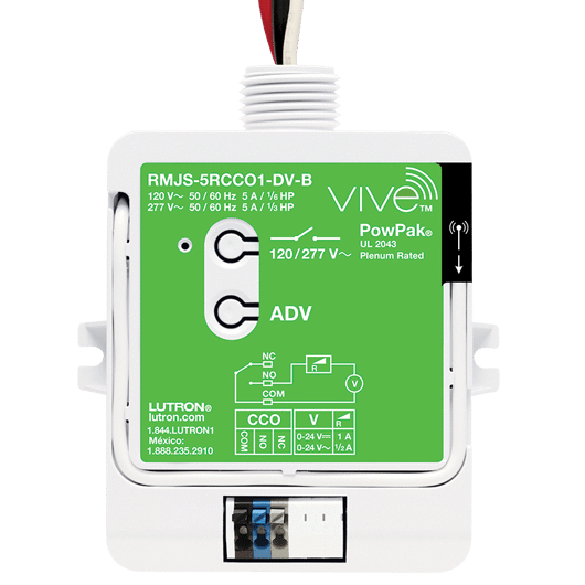 Lutron Powpak Relay Module with Softswitch and Contact Closure Output, 5A Lighting/1/6 Hp (120V), 1/3 Hp (277V) Motor, 120/277V, 434 Mhz, Vive Enabled, RMJS-5RCCO1-DV-B